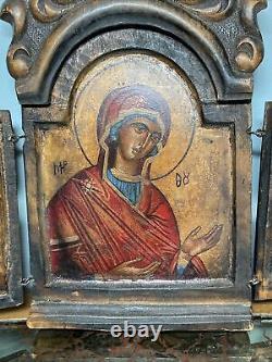 Antique Greek Orthodox Hand Carved painted Wood Icon Triptych Mary Eagle