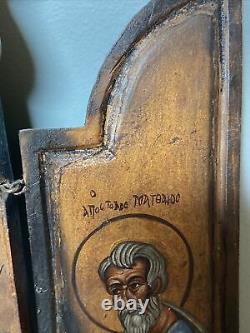 Antique Greek Orthodox Hand Carved painted Wood Icon Triptych Mary Eagle