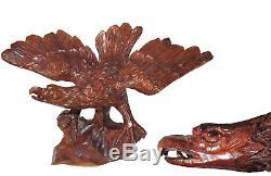 Antique Hand Carved Black Forest Soaring Eagle Statue Folk Art Wood 19th Century