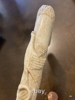 Antique Hand Carved Bone Walking Stick Cane Eagle Clutching Fish In Claws