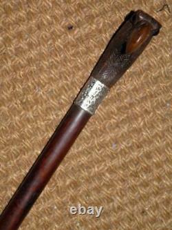 Antique Hand-Carved Eagle Walking Stick/Cane With Repousse Silver Collar'HP&S