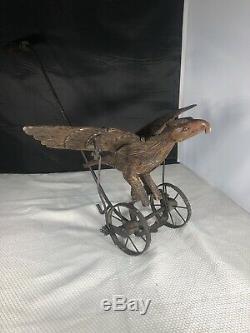 Antique Hand Carved Mechanical Wooden Eagle Push Toy With Flapping Wings