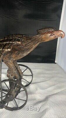 Antique Hand Carved Mechanical Wooden Eagle Push Toy With Flapping Wings