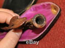 Antique Hand Carved Meerschaum Pipe Eagle wolves scene Amber in Original Case