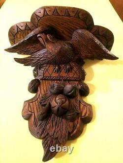 Antique Hand Carved Solid Oak Wall Mount Clock Shelf Eagle, Fruit, Nuts 21T