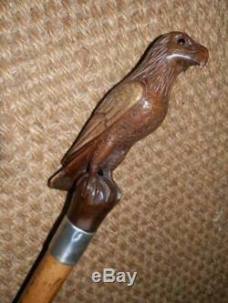 Antique Large Hand Carved Eagle/hawk Walking Staff/stick Silver Collar