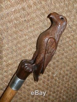 Antique Large Hand Carved Eagle/hawk Walking Staff/stick Silver Collar