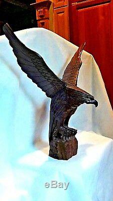Antique Mahogany Wood Hand Carved Eagle Statue