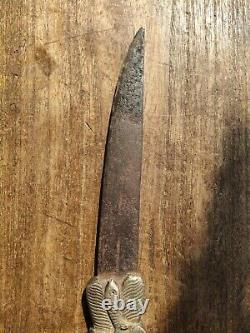 Antique Rare Hand Forged Iron Blade Dagger Knife Brass Carved Eagle Figure Hilt