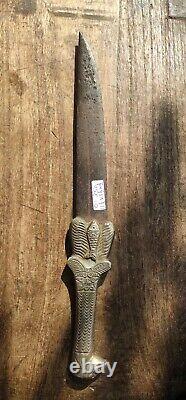 Antique Rare Hand Forged Iron Blade Dagger Knife Brass Carved Eagle Figure Hilt