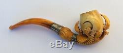 Antique Silver Meerschaum Amber Cheroot Estate Pipe Hand Carved Eagles Claw 1895