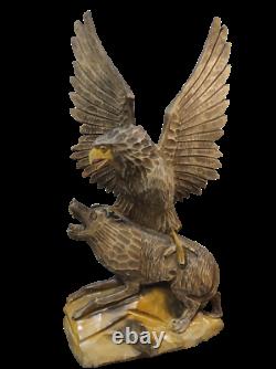 Antique Vintage Wooden Hand Carved Eagle and Wolf Figurine Handmade Statue Decor
