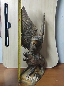 Antique Vintage Wooden Hand Carved Eagle and Wolf Figurine Handmade Statue Decor