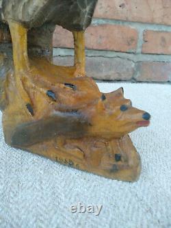 Antique Vintage Wooden Hand Carved Hawk Eagle HandMade Eagle with a fox