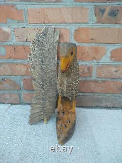 Antique Vintage Wooden Hand Carved Hawk Eagle HandMade Eagle with a fox