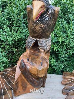 Antique Vintage Wooden Hand Carved Large Hawk Eagle with a snake 70s