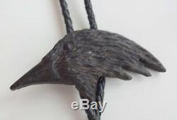 Antique Vtg Hand Carved Black Eagle Crow Bird Head Bolo Tie Unique