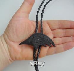 Antique Vtg Hand Carved Black Eagle Crow Bird Head Bolo Tie Unique