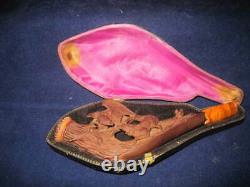 Antique hand carved Meerschaum ladies pipe hunting dog Eagle orig. Case RARE