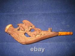 Antique hand carved Meerschaum ladies pipe hunting dog Eagle orig. Case RARE