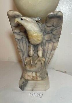 Antique hand carved eagle alabaster stone stained glass sculpture table lamp