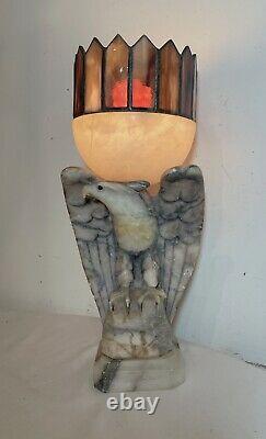 Antique hand carved eagle alabaster stone stained glass sculpture table lamp