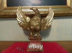 Antique hand carved wood folk art 19th c Americana guilt painted eagle on plinth