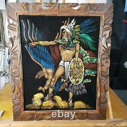 Aztec Eagle Warrior Painted on Black Velvet & Hand-Carved Frame 20 X 24