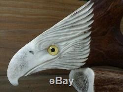 B. MERRY 9 x 8 CARIBOU ANTLER HAND CARVED EAGLE FIGURE DISPLAY RARE DEER GIFT