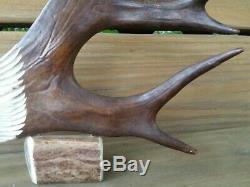B. MERRY 9 x 8 CARIBOU ANTLER HAND CARVED EAGLE FIGURE DISPLAY RARE DEER GIFT
