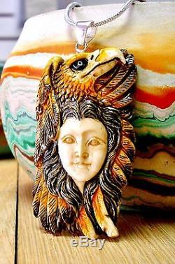 Bali Artisan Hand Carved Bovine Bone Hand Painted Bald Eagle Pendant