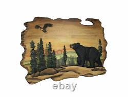Bear And Eagle Forest Sunset Hand Carved Natural Wood Wall Art Cabin Home Decor