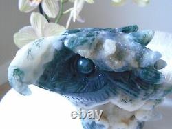 Beautiful quality Moss Agate hand carved eagle head with druzy, 734 grms 120 mm