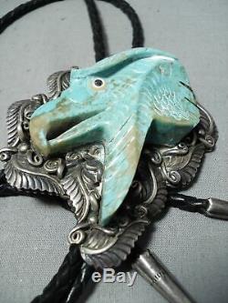 Best Vintage Navaj Eagle Hand Carved Turquoise Sterling Silver Bolo Tie