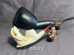 Block Meerschaum Pipe Hand Carved Eagle Bird Ornate Unused In Custom Case