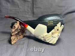 Block Meerschaum Pipe Hand Carved Eagle Bird Ornate Unused In Custom Case