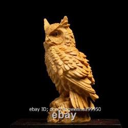 China Boxwood Hand Carved lifelike Animal Owl a Bird of Minerva Eagle Statue