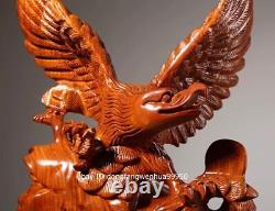 China Padauk Wood Hand Carved FengShui Auspicious Animal Bird Hawk Eagle Statue