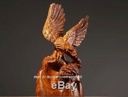 China Padauk Wood Hand Carved FengShui Eagle Hawk Bird Animal Statue