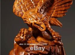 China Padauk Wood Hand Carved FengShui Eagle Hawk Bird Animal Statue