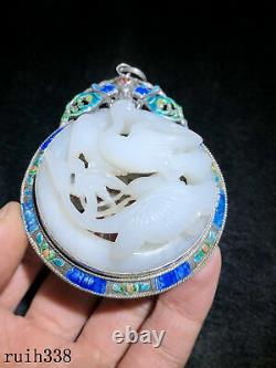 China Sterling Silver Mosaic Nephrite Hand carving Eagle pattern Pendant