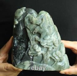 China natural hetian jade hand-carved statue flower eagle fish lanscape 5.9 inch