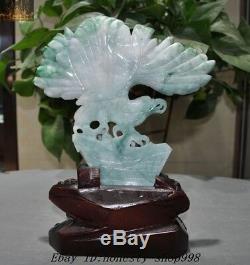 Chinese Fengshui 100% Natural Emerald Jade Jadeite Carved Hawk Eagle Bird Statue