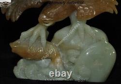 Chinese Fengshui Hetian jade Hand Carved Bird king hawk eagle Catch fish Statue