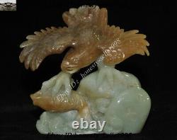 Chinese Fengshui Hetian jade Hand Carved Bird king hawk eagle Catch fish Statue