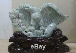 Chinese Precious 100% Jadeite Emerald Jade carved Fengshui Success Eagle Statue