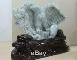 Chinese Precious 100% Jadeite Emerald Jade carved Fengshui Success Eagle Statue