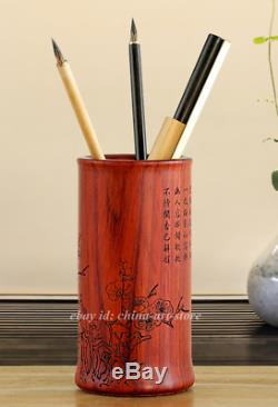 Chinese Rosewood Hand-carved Hawk Eagle Bird Plum Blossom Brush Pot Pencil Vase