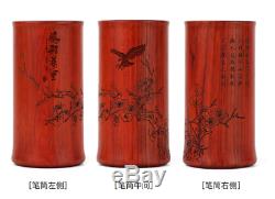 Chinese Rosewood Hand-carved Hawk Eagle Bird Plum Blossom Brush Pot Pencil Vase