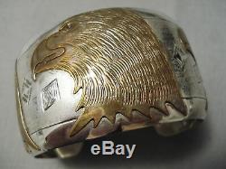 Completely Hand Carved Vintage Navajo Gold Sterling Silver Eagle Bracelet